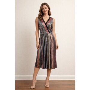 Julia Jordan Multi Color Striped Sequin V-Neck Midi Dress Size 8